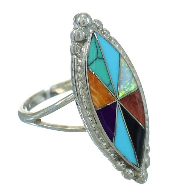 Silver Southwestern Multicolor Inlay Ring Size 5-3/4 QX70996